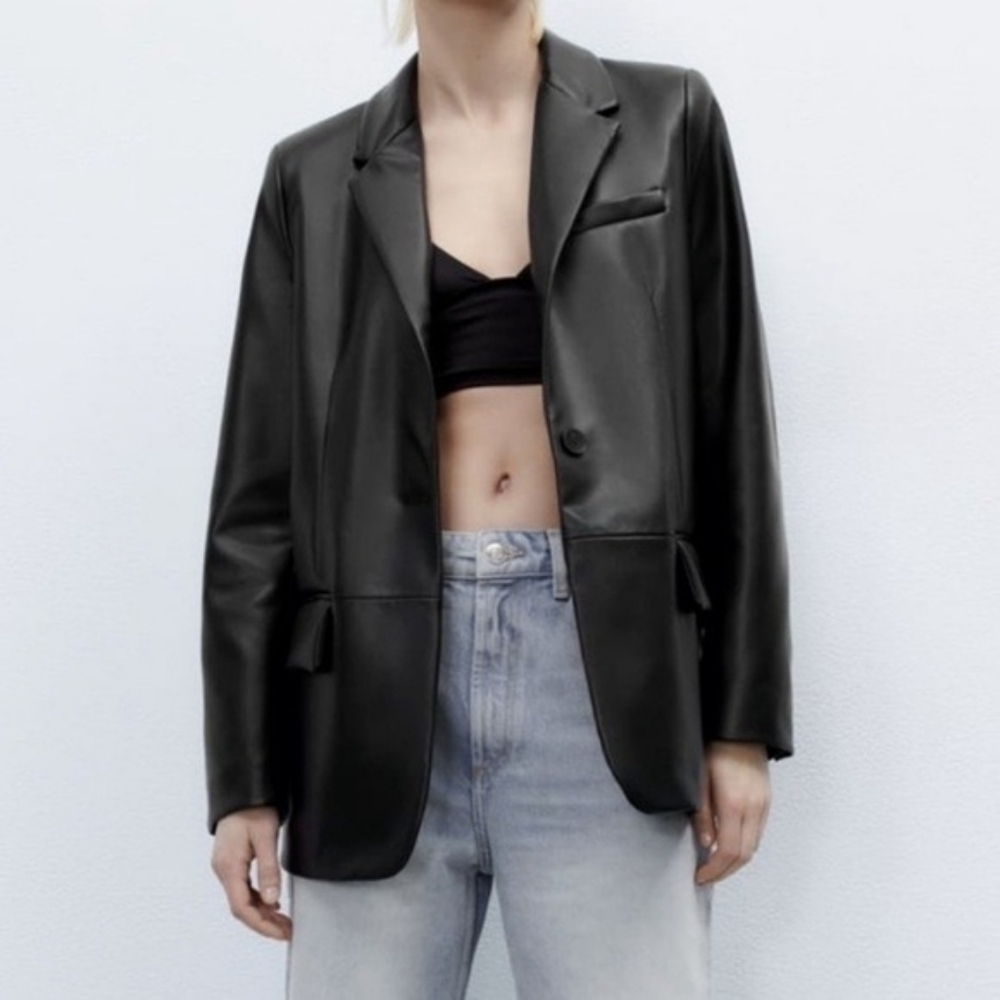Zara Black Faux Leather Double Breasted Blazer Jacket